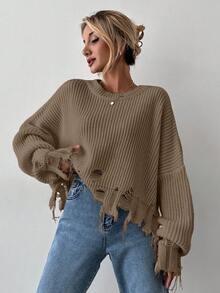 EURMUSE Women's Solid Color Simple Distressed Long Sleeve Sweater - Mocha Brown - View 5