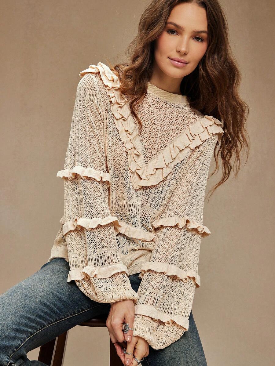 WESTFADE Suéter de punto con cuello de imitación de volantes, mangas largas con volantes, ajuste relajado, lazo en la espalda, suéter informal, otoño, invierno, casual, bohemio - Albaricoque - Ver 1