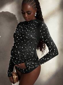 Cheriluna Maternity Mono de manga larga con diseño de perlas falsas para maternidad, conjunto de moda para sesión de fotos - Negro - Ver 4