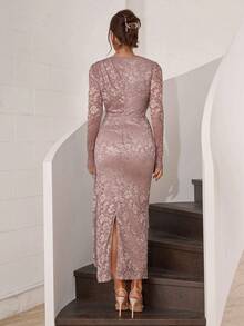 Modelyn Damen Spitze Volant Langarm Schlitz Figurbetontes Elegantes Partykleid - Pink - Übersicht 2