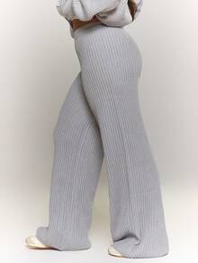 MUSERA Plus Size Knitted Fitted Wide Leg Trousers Everyday Casual Cozy Cute Evening Party Elegant Spring - Light Grey - View 4