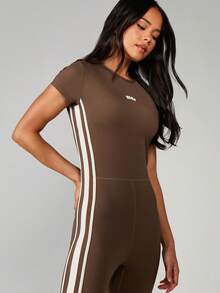 MISSGUIDED Active Unitard Jumpsuit With Side Stripe Detail And Crew Neckline Short Sleeve Full Length Athletic Bodysuit - Army Green - View 6