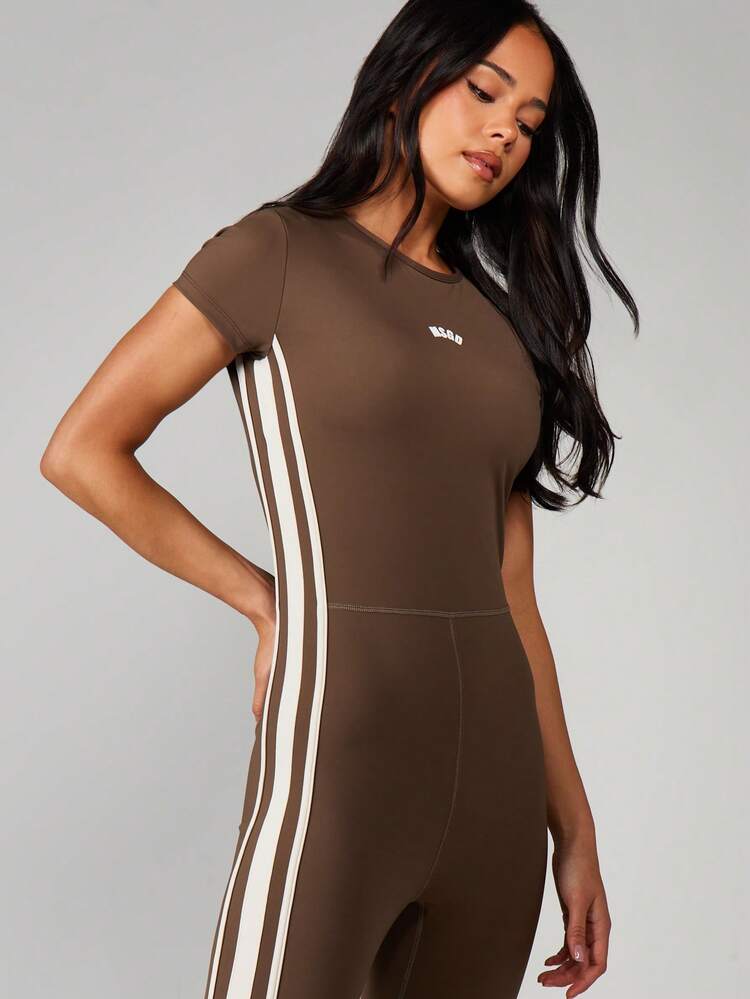 MISSGUIDED Active Unitard Jumpsuit With Side Stripe Detail And Crew Neckline Short Sleeve Full Length Athletic Bodysuit