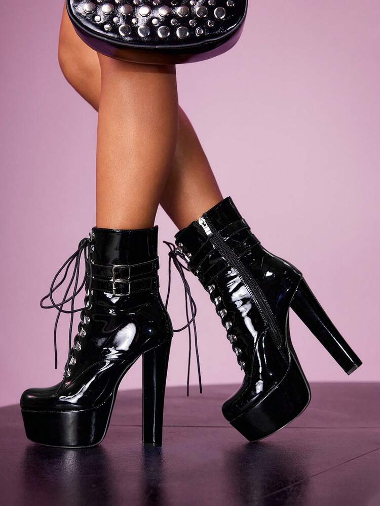 CUCCOO LuxiPop 女性用 グロッシー プラットフォーム ファッショナブル エンベリッシュ ハイヒール アンクルブーツ