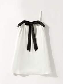Maija Kids Young Girl Woven Contrast Color Bow Decor Casual Camisole Dress - Black and White - View 1