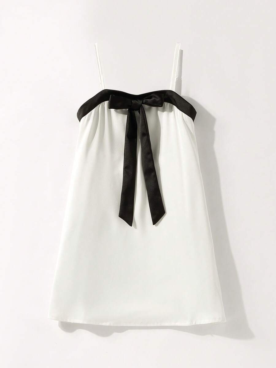 Maija Kids Young Girl Woven Contrast Color Bow Decor Casual Camisole Dress - Black and White - View 1