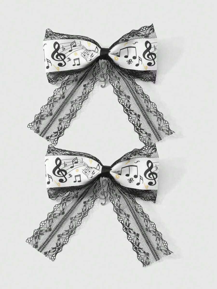 ROMWE Kawaii 2件套简约百搭复古时尚高品质黑白音符蝴蝶结吊坠DIY发夹，侧夹组合套装，适合女性、女孩日常佩戴，节日礼物 - 黑白色-6 - 查看 1