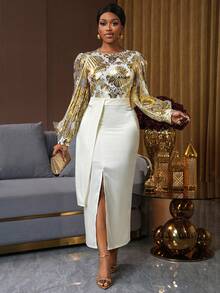 SHEIN Ladiora Váy dự tiệc thanh lịch dành cho nữ với thiết kế thêu chỉ kim loại và khối màu, tay dài - Nhiều màu - Xem 3