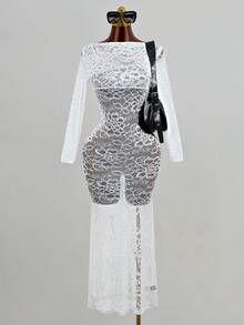Mistrie 女士蕾丝透视修身性感长袖连衣裙 - 白色 - 查看 2