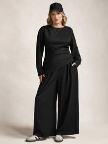 Zelara Plus Size Women 2-Piece Set: Casual Solid Color Knit Asymmetric Hem Waist Ruched T-Shirt And Wide Leg Pants, Suitable For Spring And Autumn Daily Commute Black Top Black Blouse Id AI-Adha Spring Outfit Women Spring Break Outfits