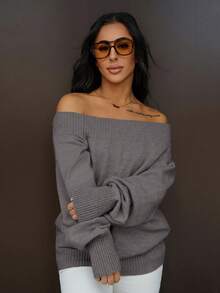 SAYEHFBABY 针织罗纹不对称领长袖束口下摆套头衫，适合机场、假日、秋季、冬季、日常穿着，圣诞节、感恩节皆宜，时尚百搭。 - 灰色 - 查看 5