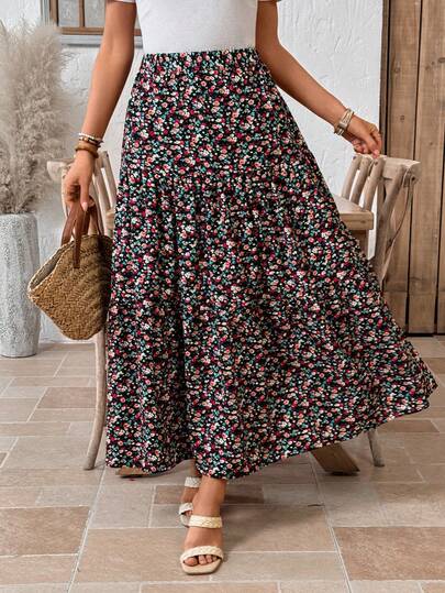 EMERY ROSE Women's Ditsy Floral Elastic Waist Ruffle Hem Casual Skirt  Floral Dress