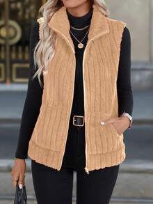 SHEIN Clasi 纯色羊毛口袋前拉链无袖背心，秋冬款 - 摩卡棕 - 查看 6