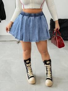 SHEIN Unity 大码女装 Y2K 时尚休闲水洗无弹力牛仔百褶裙 - 淺色水洗藍 - 查看 6