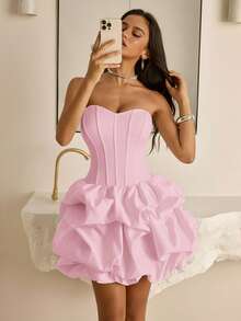 Vowa Elegant Brown Minimalist Strapless Fish Tail Ruffle Low Waist Princess Dress, Suitable For Dates, Vacations, Singles' Parties, Birthdays, Proms, Graduations, Galas, And Dances - Pink - View 2