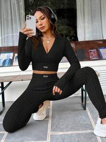 SHEIN EZwear 字母拼接细节短款T恤和紧身裤 - 黑色 - 查看 4