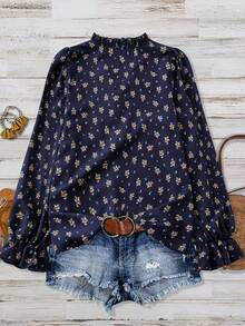 Linhara Áo sơ mi họa tiết hoa nhỏ nhắn, trang trí bèo nhún tối giản, họa tiết bong bóng và xếp ly thường ngày, áo kiểu Bohemian cho phụ nữ ngoại cỡ, mùa xuân/hè - Màu xanh hải quân - Xem 2