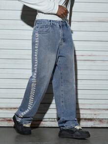 Modcrash Men's Straight Leg Jeans, Gothic Style Casual Studded, Suitable For Daily Wear All Year Round Spring To Summer , Retro American, Unisex, Relaxed Fit Summer Outfits – Suitable For Everyday Wear And Summer Holiday Outfits. - Blue - View 3