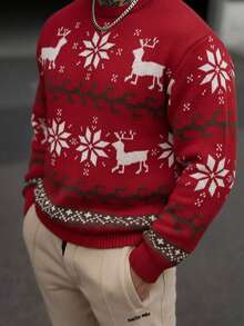 Suéter para hombre estilo festivo navideño jacquard tejido gráfico navideño ajuste holgado cuello redondo manga larga invierno reuniones familiares suéter - Rojo - Ver 2