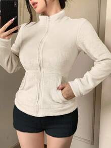 DAZY 女士抓绒外套，休闲运动风，修身剪裁，适合秋冬季节穿着 - 米色 - 查看 4