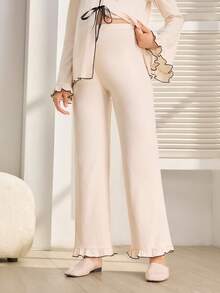 SHEIN 孕妇荷叶边高腰直筒裤 - 米色 - 查看 3