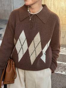Vivie Lora Áo len họa tiết kim cương chắp vá màu sắc rộng rãi dành cho nữ - màu nâu - Xem 2