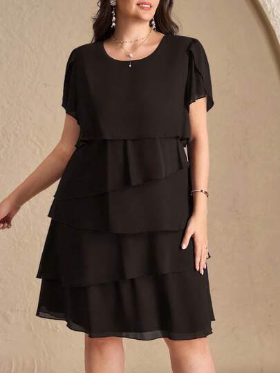 Chikora Plus Size Women Solid Color Round Neck Ruffle Hem Casual Dress