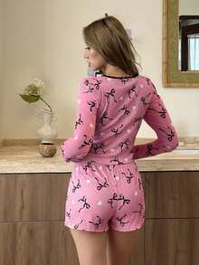Softscene 蝴蝶结印花长袖上衣和短裤睡衣套装，冬季服装 - 粉色 - 查看 2