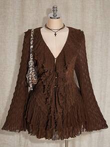 SHEIN ICON 大码女式棕色荷叶边喇叭袖上衣和中长裙时尚套装 - 巧克力棕 - 查看 1