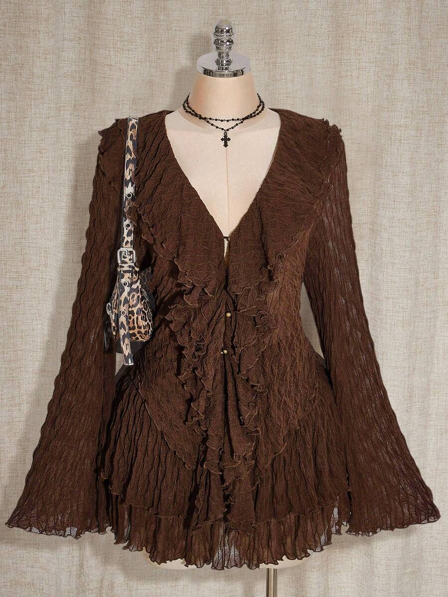 SHEIN ICON 大码女式棕色荷叶边喇叭袖上衣和中长裙时尚套装 - 巧克力棕 - 查看 1