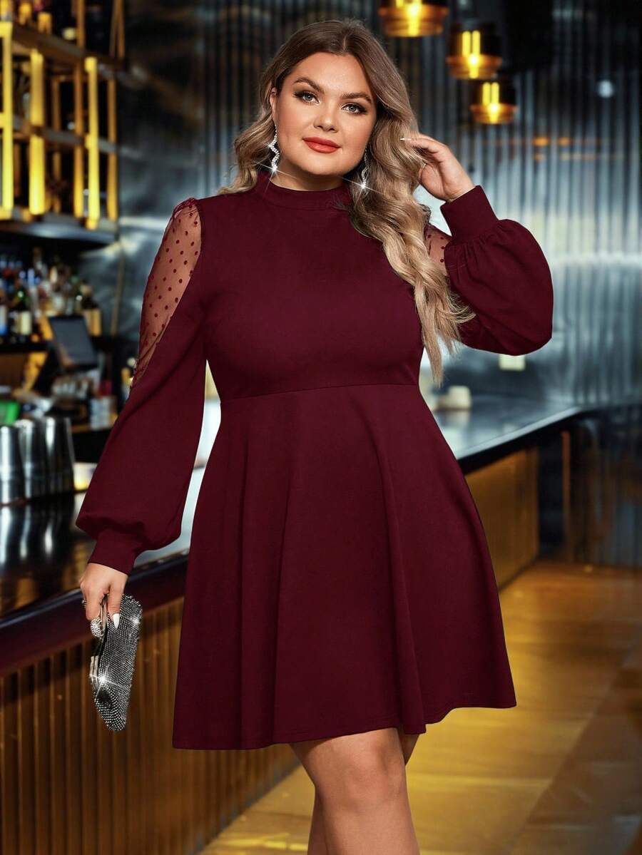 大码女式立领波点网纱灯笼袖优雅连衣裙 - 酒紅色 - 查看 1