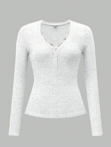 Almamuse Áo len cổ chữ V phối ren chắp vá tay dài trang trí nút ChicEase dành cho nữ, áo thu đông, áo cài nút màu trắng, áo len trắng cho nữ, áo ren trắng, áo cổ chữ V tay dài - trắng - Xem 6