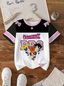 THE POWERPUFF GIRLS X SHEIN Tween Girls' Casual Colorblock Blossom, Bubbles, Buttercup Pattern Round Neck Short Sleeve T-Shirt, Summer Festival Vintage Streetwear Sportswear N Oversized Baseball Jersey T-Shirt,Autumn Clothes - White - View 4