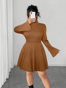Elenzga Plus Size Women's Autumn/Winter New High Neck Elastic Knit Fitted Elegant Solid Color Dress - Brown - View 3