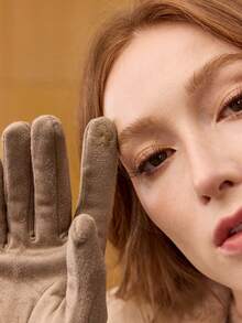 MOTF PREMIUM 女士时尚百搭保暖露指手套，秋冬季 - 卡其色 - 查看 4