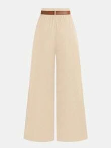 SHEIN PETITE Petite Women's Versatile Casual Fold-Up Ankle Pants - Apricot - View 2