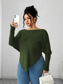 Elenzga Sweater Longgar Lengan Panjang Kasual Wanita Ukuran Besar, Atasan Pullover Ukuran Besar yang Menawan untuk Musim Gugur/Dingin - Hijau Tentara - View 5