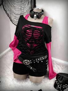 Sunspun Áo thun tay dài in họa tiết xương chéo vai cỡ lớn 2 trong 1 màu tương phản - Nhiều màu - Xem 1