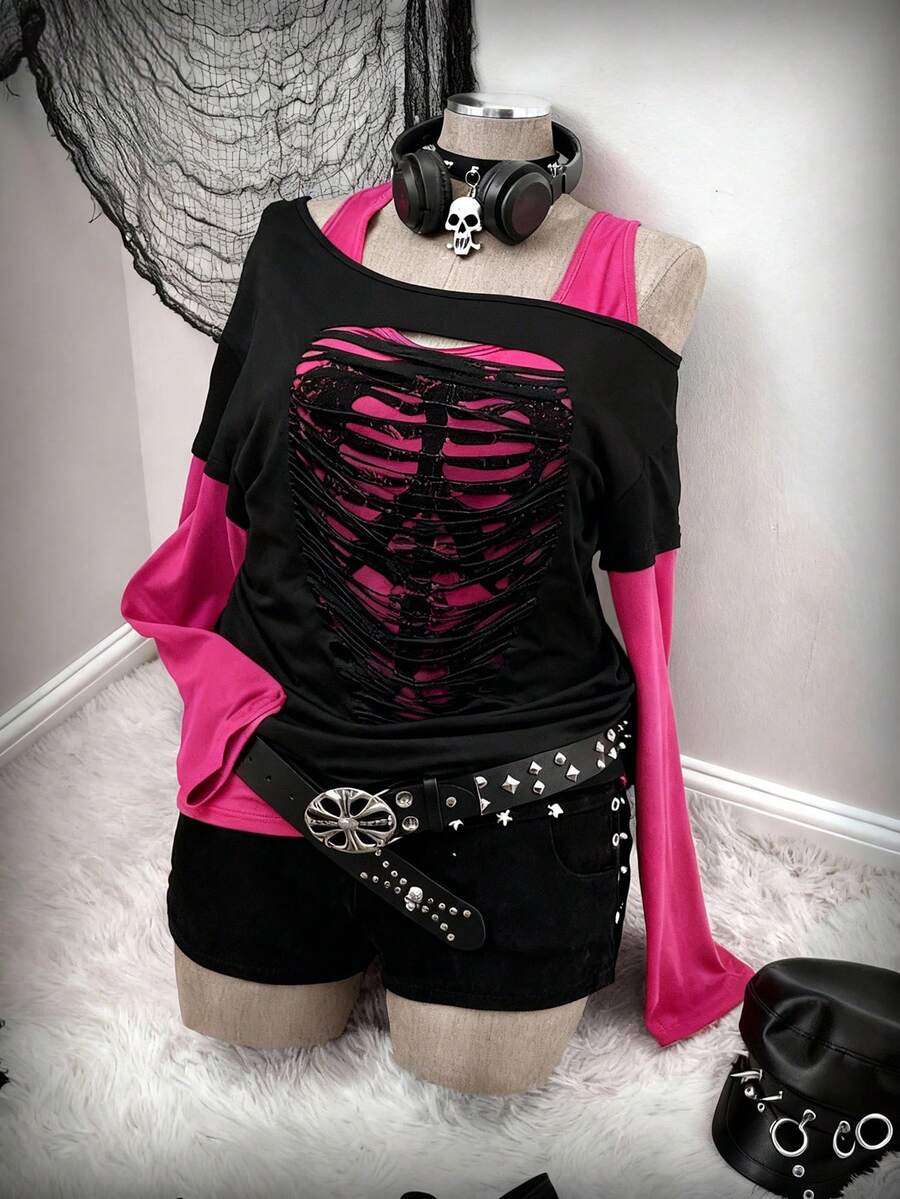 Sunspun Áo thun tay dài in họa tiết xương chéo vai cỡ lớn 2 trong 1 màu tương phản - Nhiều màu - Xem 1