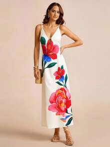 CAJUNI 女士休闲度假热带花卉红色杏色吊带露肩V领连衣裙，女士优雅连衣裙，休闲连衣裙，约会连衣裙，外出连衣裙 - 杏色 - 查看 3