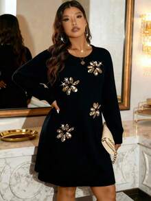 EMERY ROSE Robe pull en tricot élégante et décontractée pour femmes grandes tailles, de couleur unie avec col rond, broderie de sequins. Convient pour Noël, Halloween, la rentrée, les vacances romantiques et le bureau - Noir - Voir 3