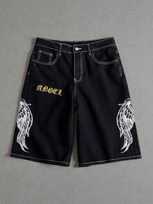 Manfinity ZONE917 男士深黑色水洗哥特式刺绣宽松街头风格短裤 - 黑色 - 查看 1