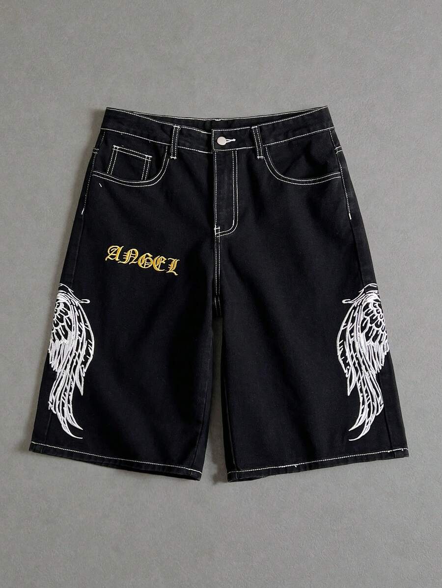 Manfinity ZONE917 男士深黑色水洗哥特式刺绣宽松街头风格短裤 - 黑色 - 查看 1