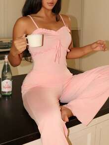 Lowkey Lull Coquette Babydoll Spaghetti Strap Jumpsuit With Frill Hem, Soft & Stretchy Milk Silk, Casual Y2K Style Women Loungewear Set - Pink - View 1