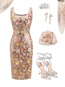 Ellevyn Women's Elegent Beige Summer Party Floral Sequin Dress,Rose Gold French-Style Halter Fitted Waist Evening Gown,Embroidered Banquet Formal Wear Outfit - Gold - View 1