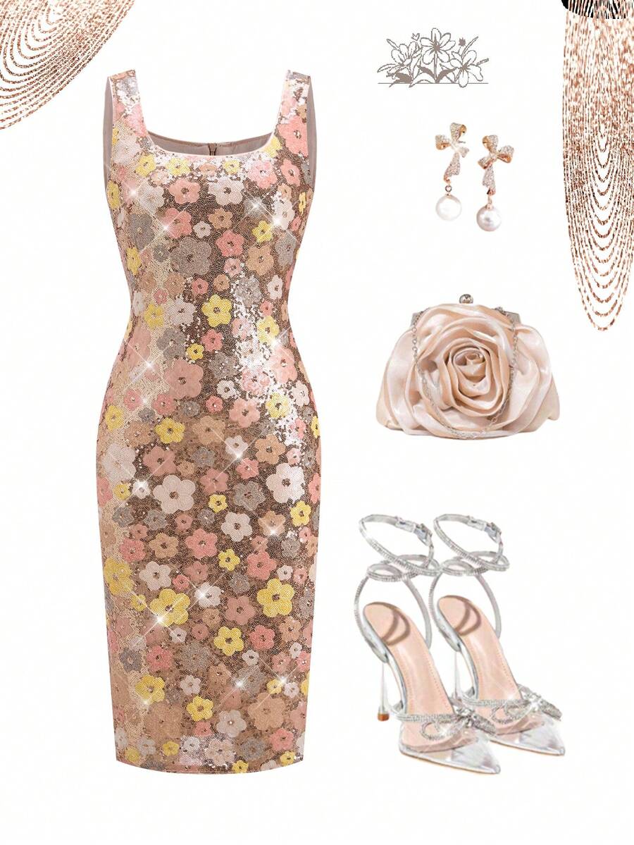 Ellevyn Women's Elegent Beige Summer Party Floral Sequin Dress,Rose Gold French-Style Halter Fitted Waist Evening Gown,Embroidered Banquet Formal Wear Outfit - Gold - View 1