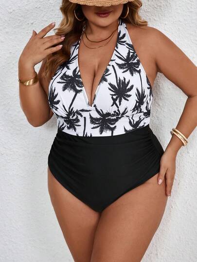 SHEIN CURVE+ Traje de baño de una pieza para mujer de talla grande, con estampado de árbol de coco, para verano