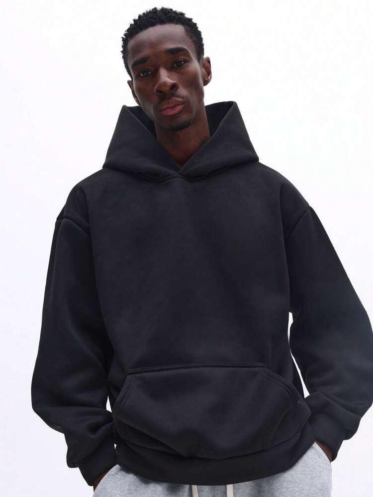 ドローストリング付きオーバーサイズブラックプルオーバーパーカー