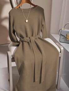 GlowEve 长袖圆领系带灰色毛衣裙，奢华简约时尚，百搭优雅，适合多种场合