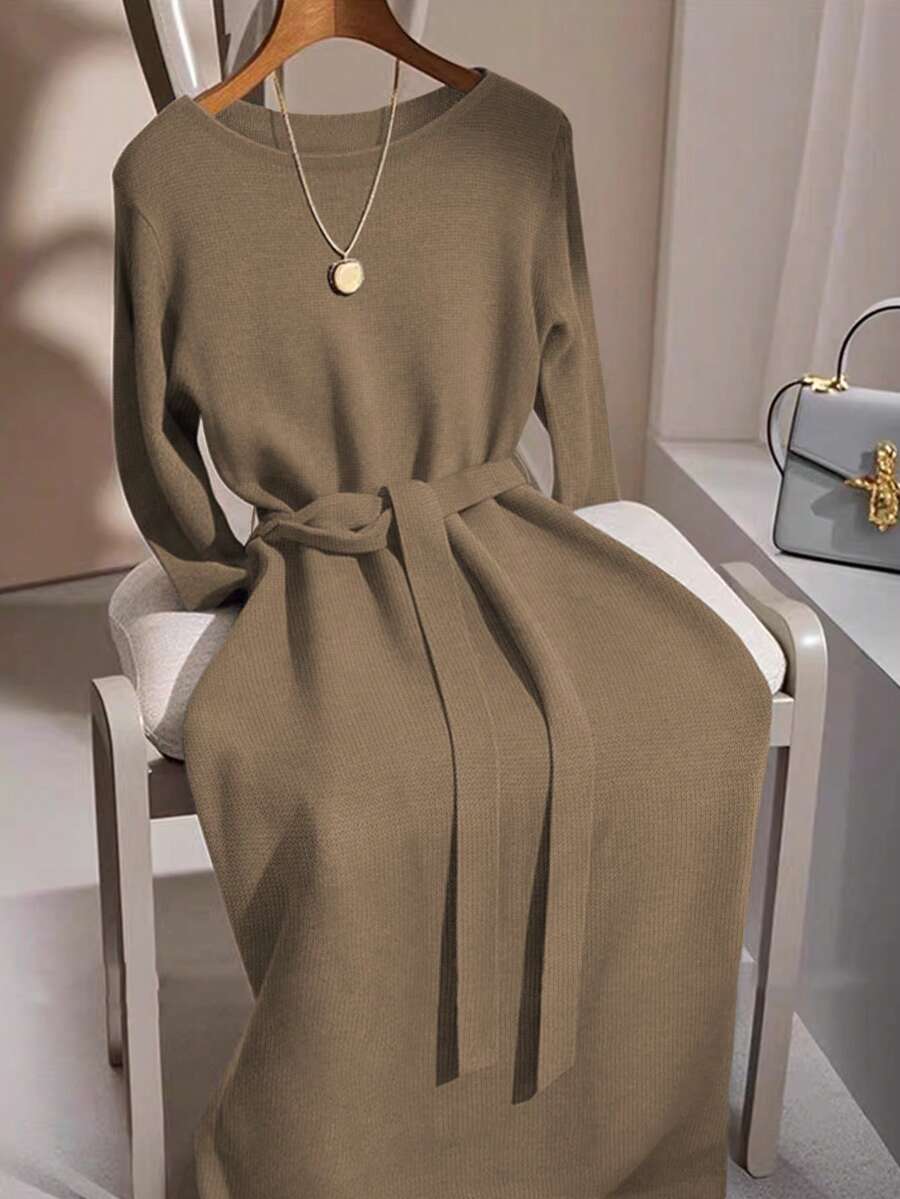 GlowEve 长袖圆领系带灰色毛衣裙，奢华简约时尚，百搭优雅，适合多种场合
